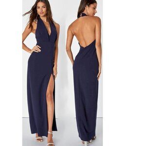 Lulus Completely Mesmerizing Navy Blue Pleated Halter Maxi Dress Size Large NWOT